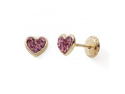 Boucles d'Oreilles Cœur Cristal Rose Or Jaune 750 Fermoir Vis Enfant & Femme - 10623V - Réf. 10623V