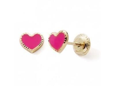 Boucles d'Oreilles Cœur Laque Fuchsia Or jaune 375 Fermoir à  Vis - N11968V - Réf. N11968V