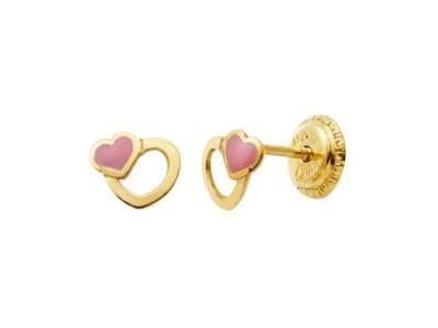 Boucles d'Oreilles Cœur Or 750 Laque Rose Fermoi à Vis - 10429V - Réf. 10429V