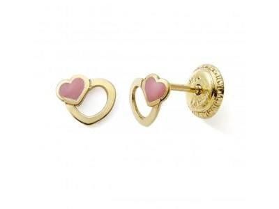 Boucles d'Oreilles Coeur Or Jaune 375 Laque Rose Fermoir Vis N10429V - Réf. N10429V