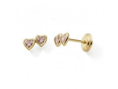 Boucles d'Oreilles Coeur Or Jaune 750 Zirconium Rose Fermoir Vis - 10601V - Réf. 10601V