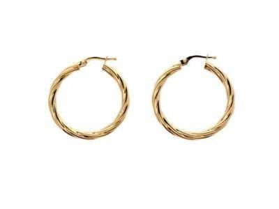 Boucles d'oreilles créoles or jaune 9 carats torsadées 25 mm, fil rond 3 mm - Réf. 226900