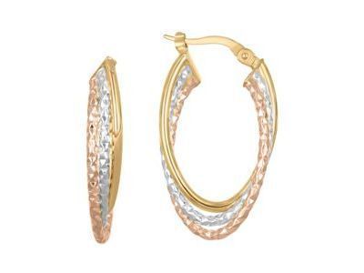 Boucles d'Oreilles Créoles Or Tricolore 375 Effet Diamanté - C25825 - Réf. C25825