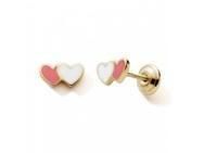 Boucles d’Oreilles Enfant Double Cœur Rose Blanc Or Jaune 375 Fermoir à vis - N12057V - Réf. N12057V