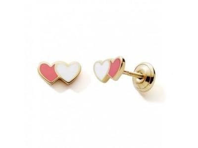 Boucles d’Oreilles Enfant Double Cœur Rose Blanc Or Jaune 375 Fermoir à vis - N12057V - Réf. N12057V
