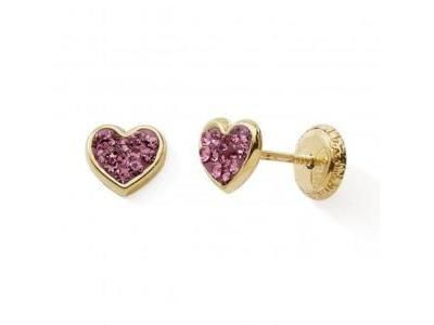 Boucles d'Oreilles Fille Coeur Or Jaune 375 Cristaux Roses à Vis - N10623V - Réf. N10623V