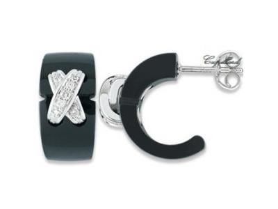 Boucles d'Oreilles Or Gris Rhodié Céramique Noire et Diamants - FG222GCNB - Réf. FG222GCNB