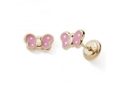 Boucles d'Oreilles Papillon Or 375 Laque Rose Fermoir A Vis - Réf. NB101V