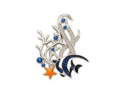 Pendentif Broche Poisson Corail et Étoile de Mer Argent 925 - C3444 - Réf. C3444