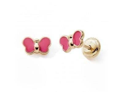 Puces d'Oreilles Papillon Laque Rose Or Jaune 375 Fermoir Vissé - N6600V - Réf. N6600V